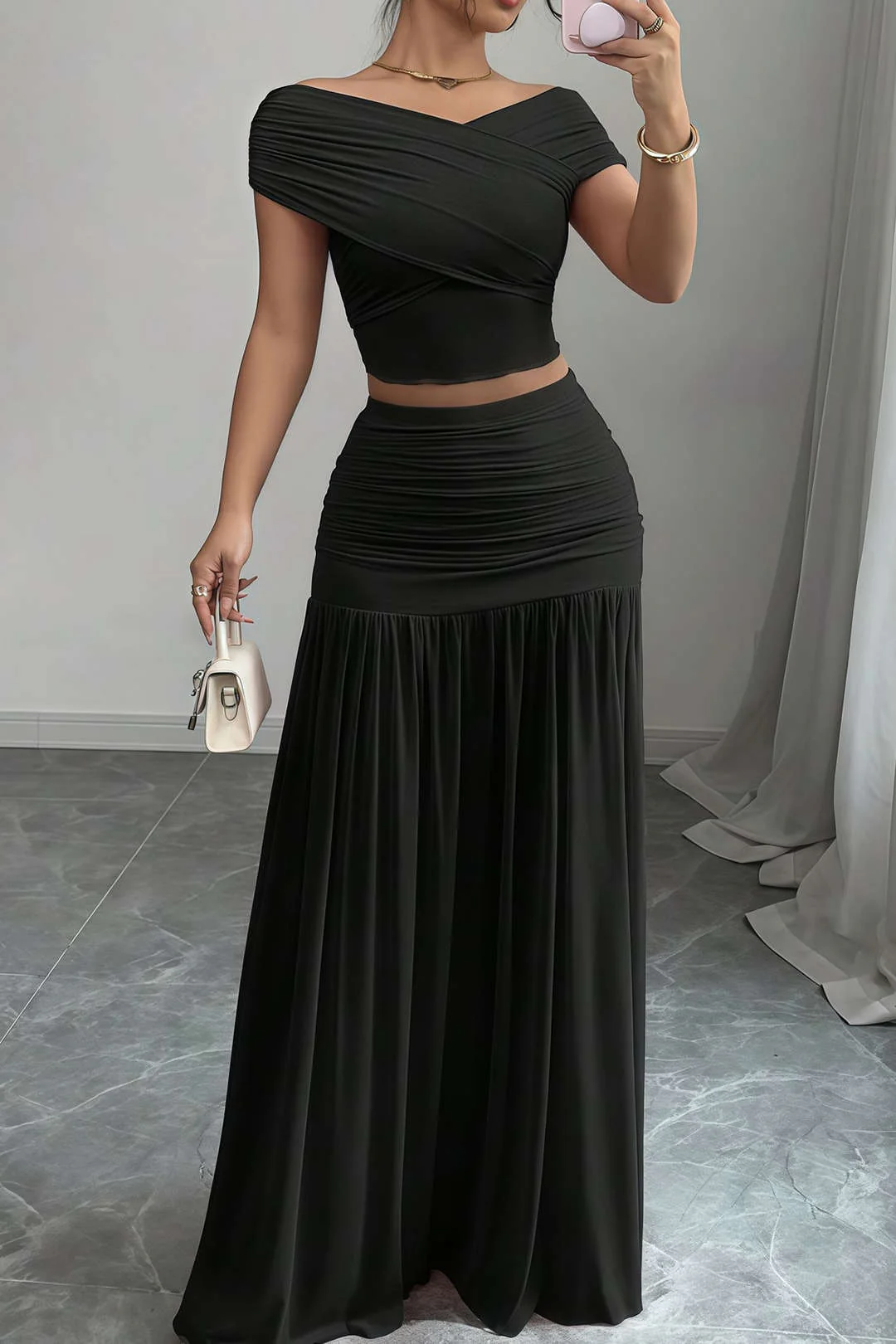 Ruched Patchwork Top and Skirt Outfit Set