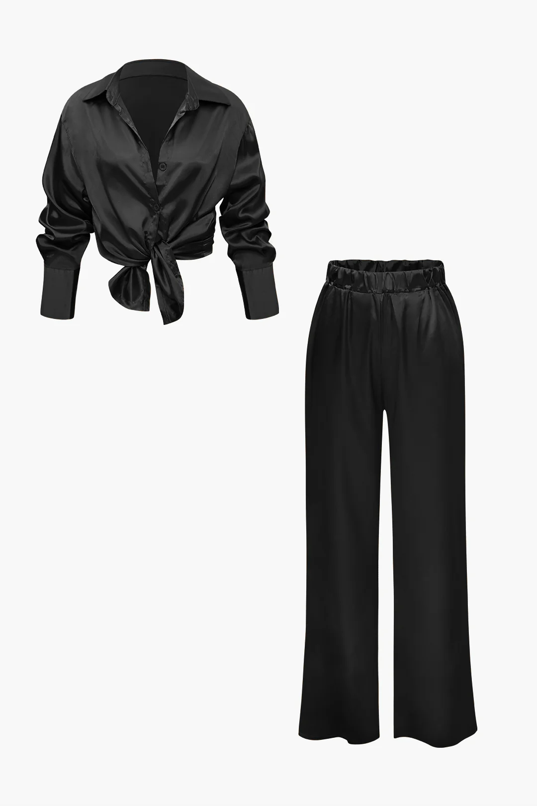 Satin Button-Up Long-Sleeve Shirt and Pants Ensemble