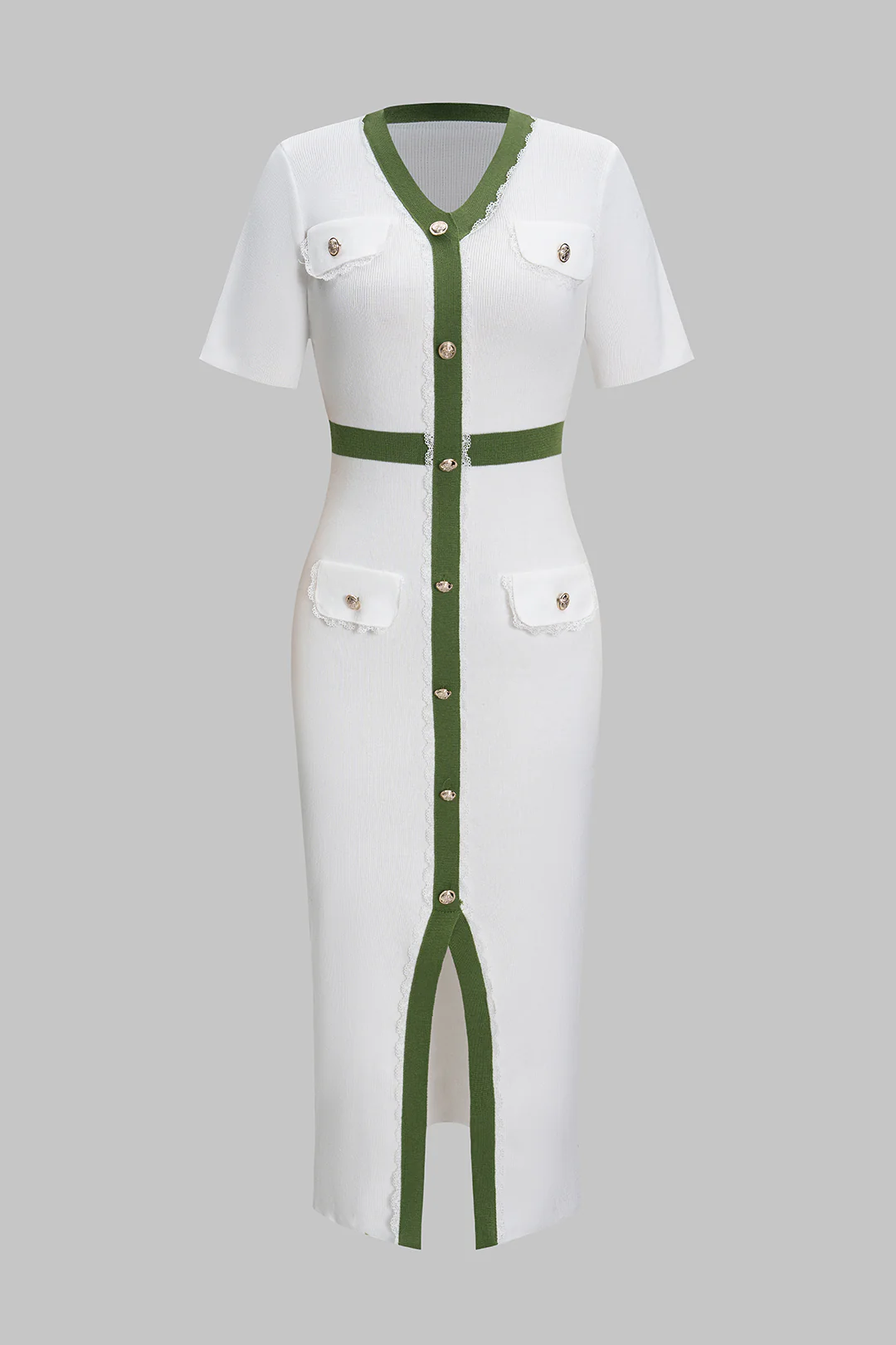 Knit V-Neck Buttoned Lace-Trimmed Short-Sleeve Slit Dress