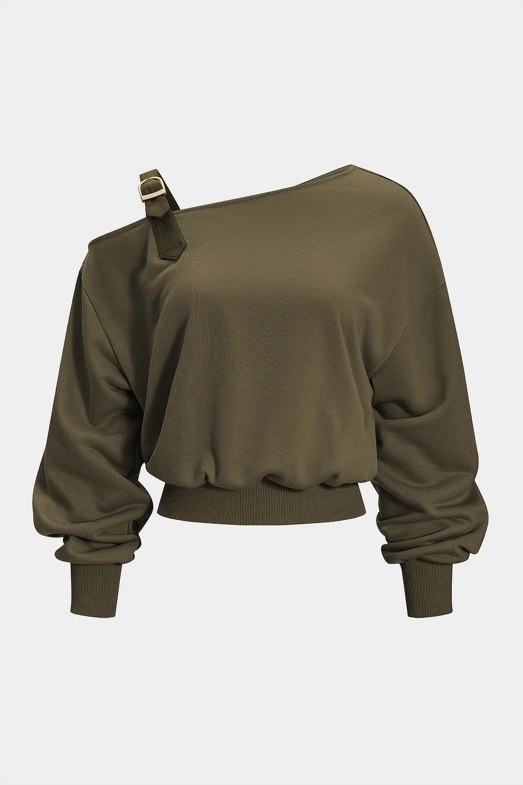 Asymmetric Neck Ruched Long-Sleeved Top