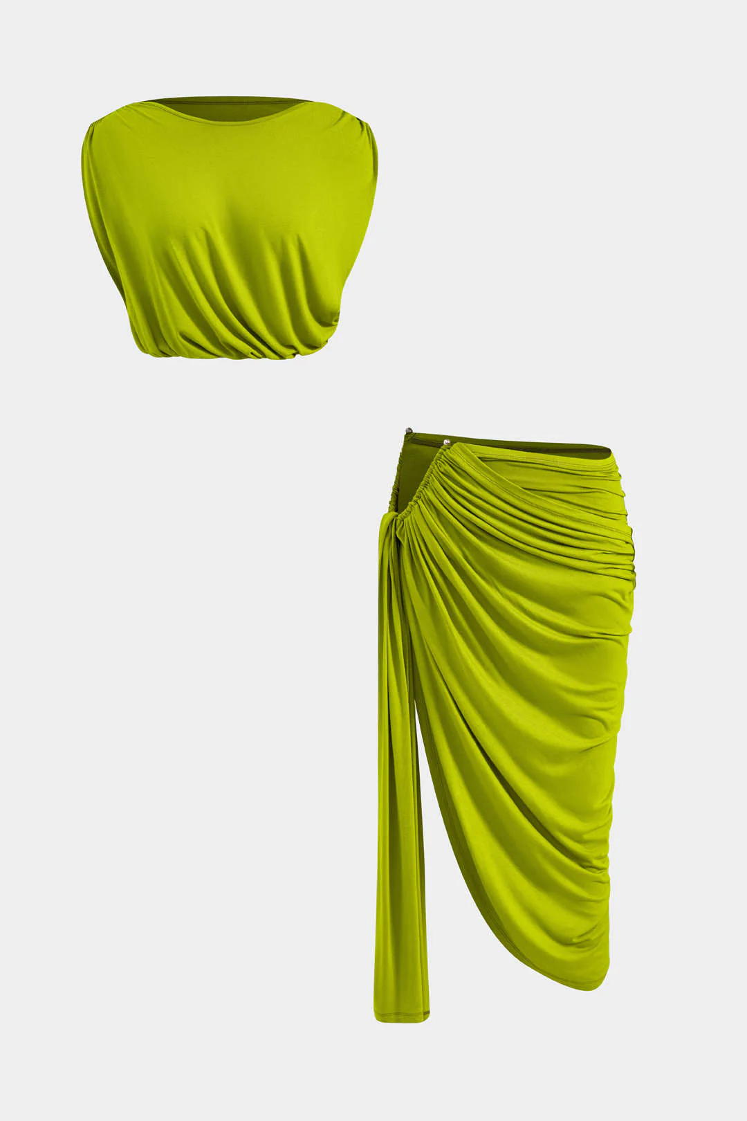 Solid Ruched Top and Metal Asymmetrical Skirt Ensemble