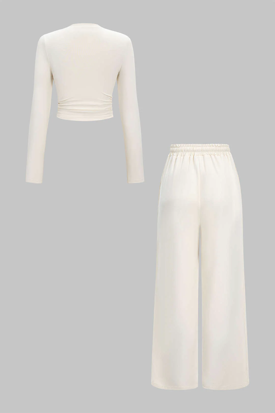 Ruched Long Sleeve Top and Tie-up High Waist Wide Leg Trousers Outfit Set