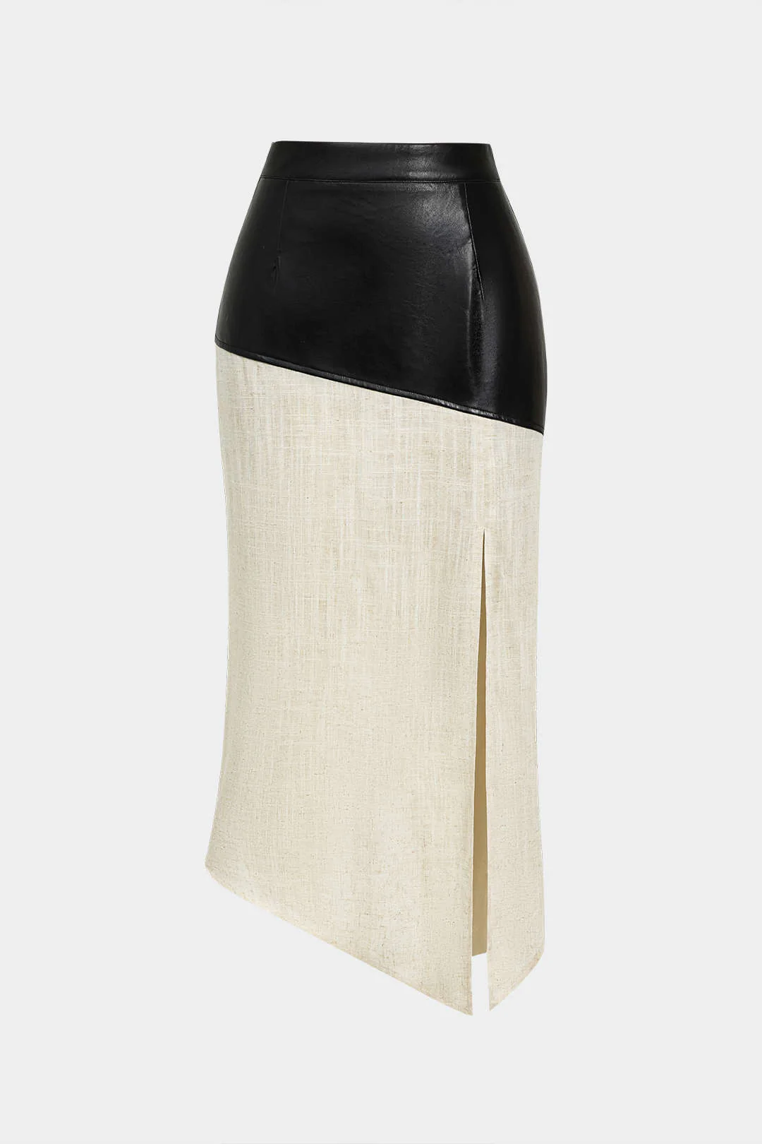 Contrasting Faux Leather and Linen Slit Asymmetrical Skirt