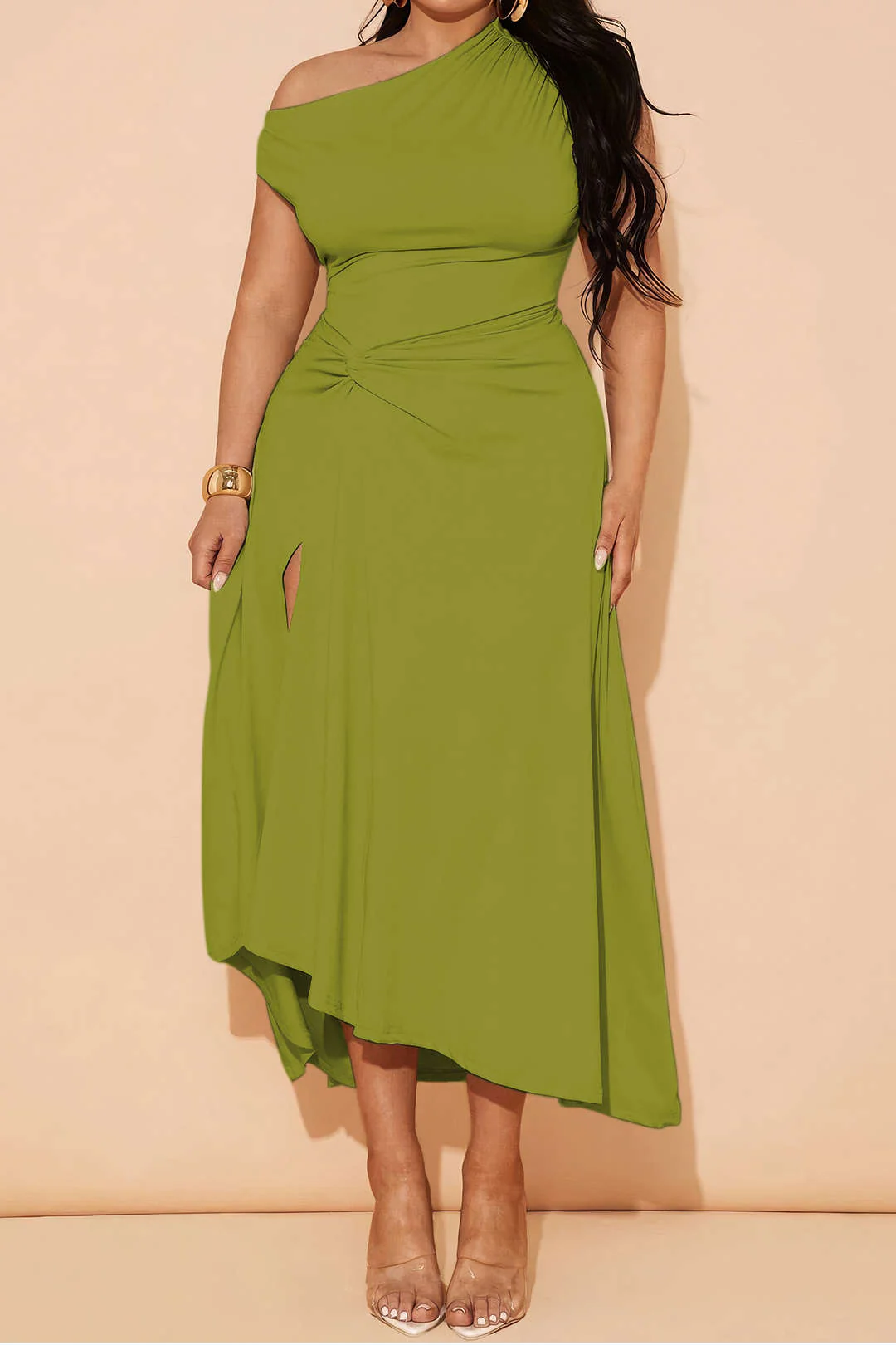 Plus Size Asymmetric Sleeveless Ruched Mid-length Dress
