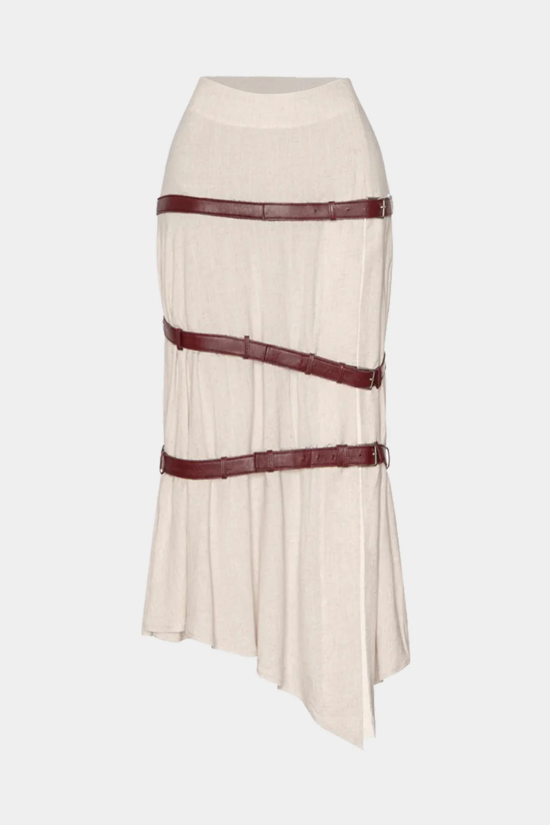 Faux Leather and Linen Patchwork Asymmetrical Hem Belted Skirt