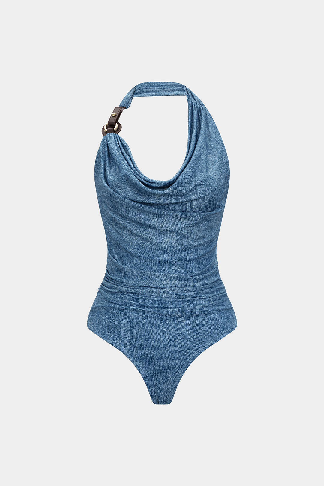 Denim Print Asymmetrical Draped Cowl Halter Neck Sleeveless Bodysuit