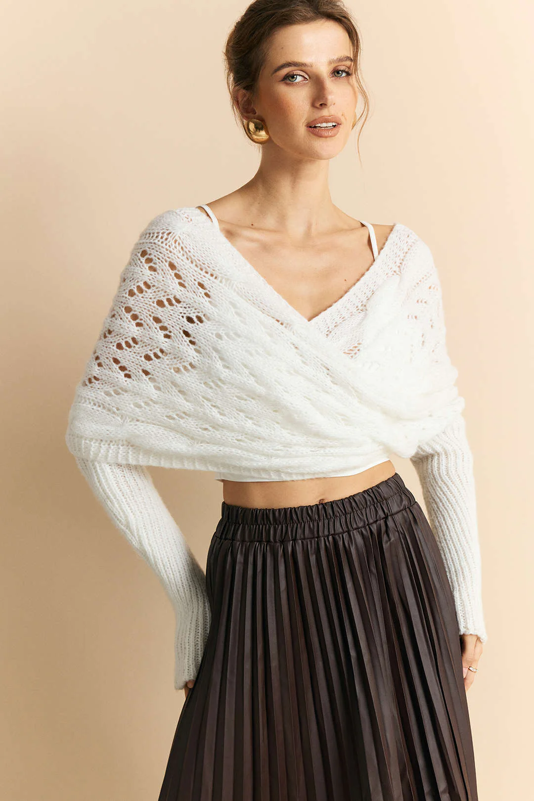 Knit Crossed Cut Out Ruched Long-Sleeve Top