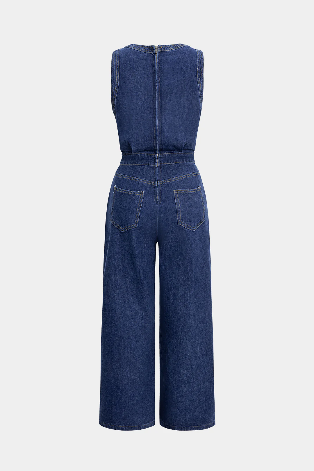Denim V-Neck Zipper Sleeveless Jumpsuit