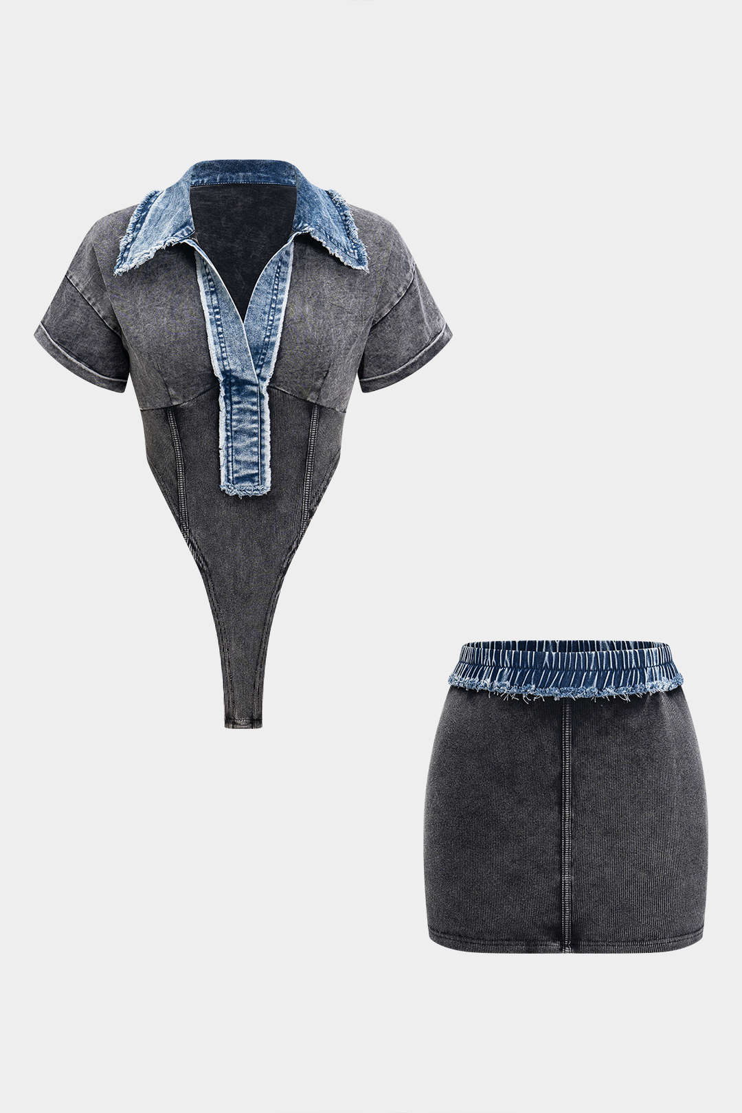 Patchwork Bodysuit and Skirt Ensemble