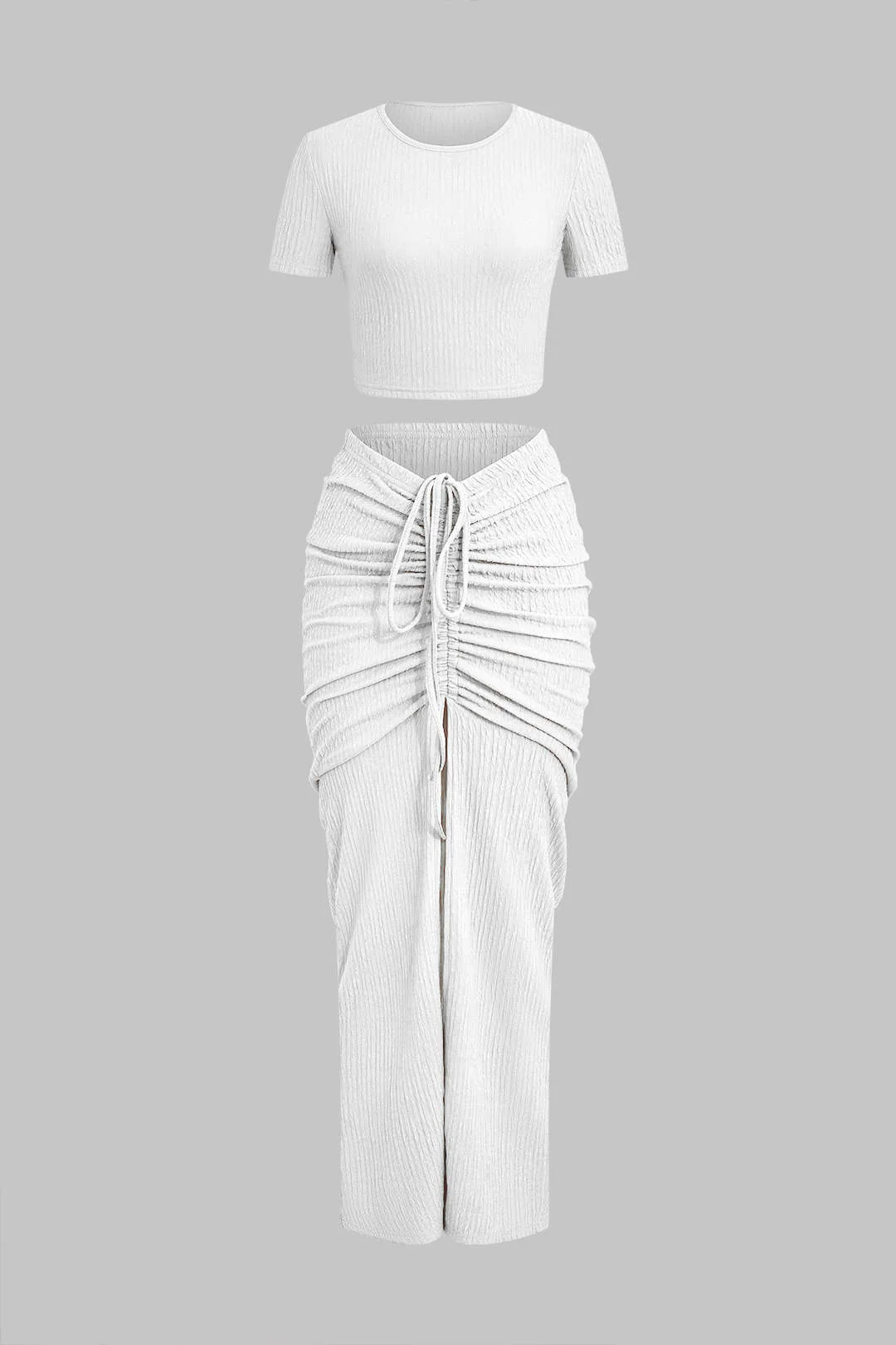 Textured Cropped Top and Drawstring Ruched Skirt Outfit Set