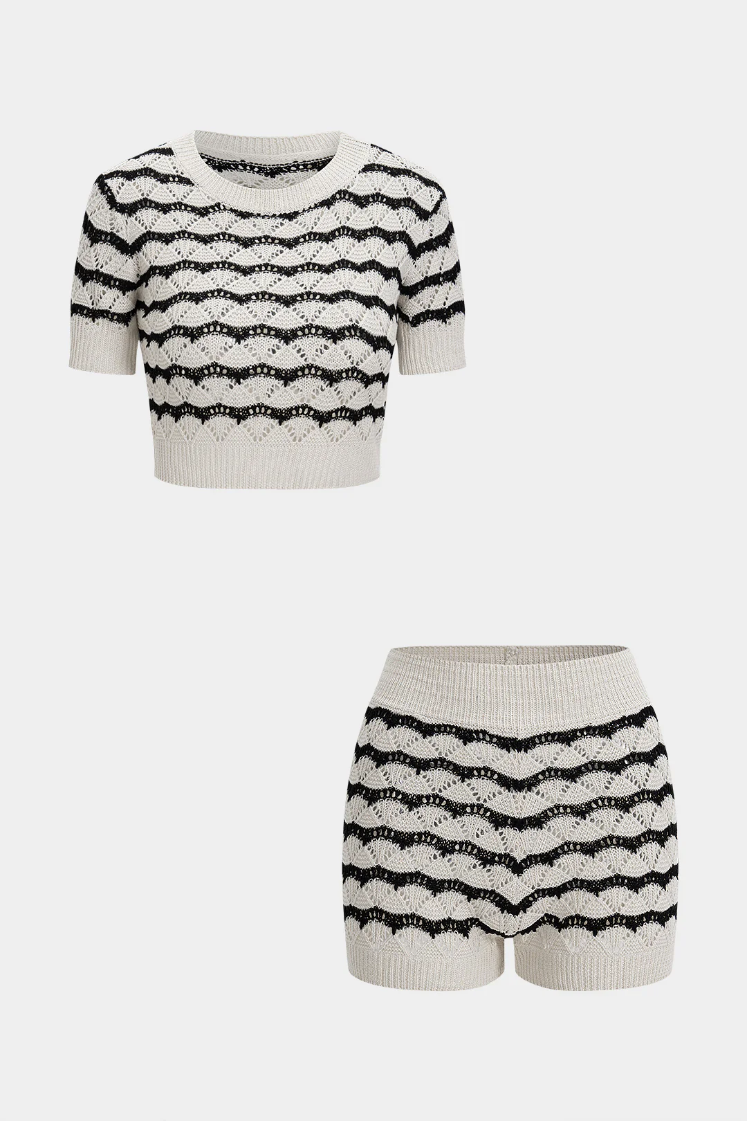 Knit Striped Contrast Print Cut-Out Short Sleeve Top and Shorts Set