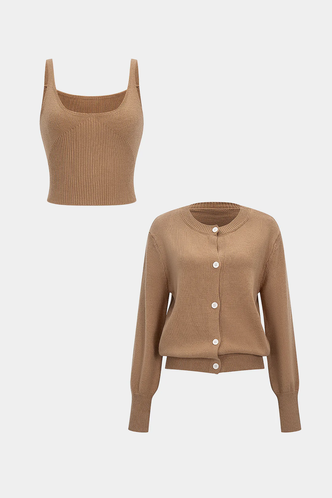 Knit Ribbed Cami Top And Round Neck Button Cardigan Set