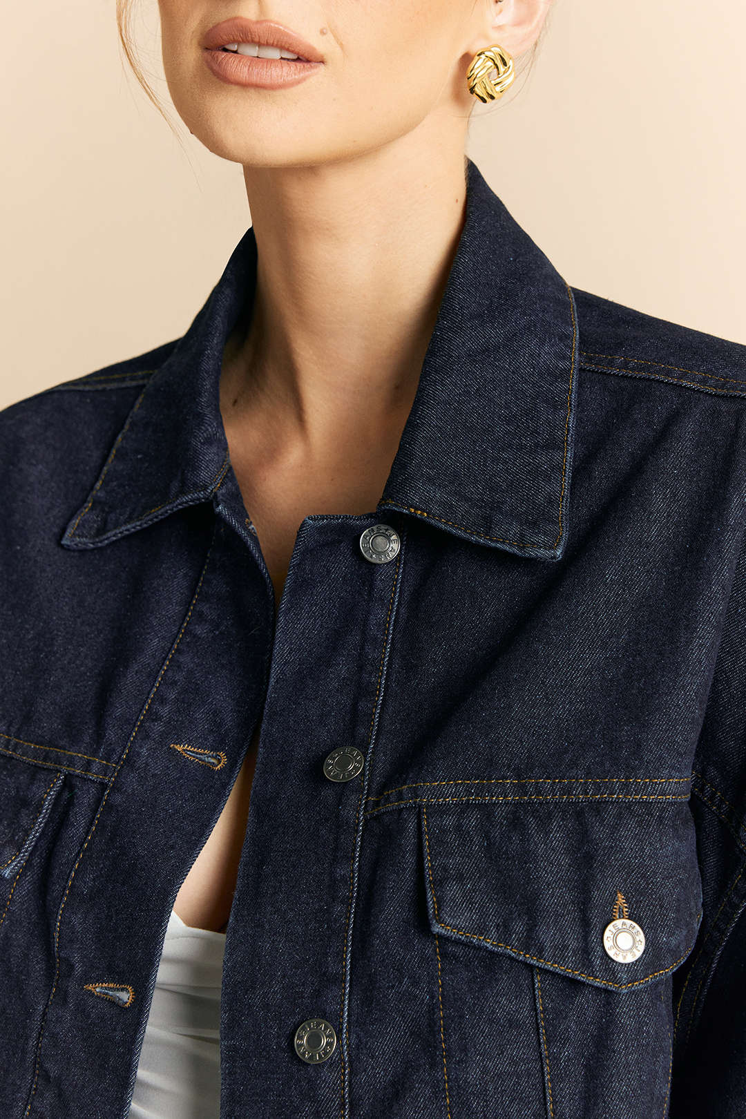 Denim Button Pocket Cuffed Long-Sleeve Top