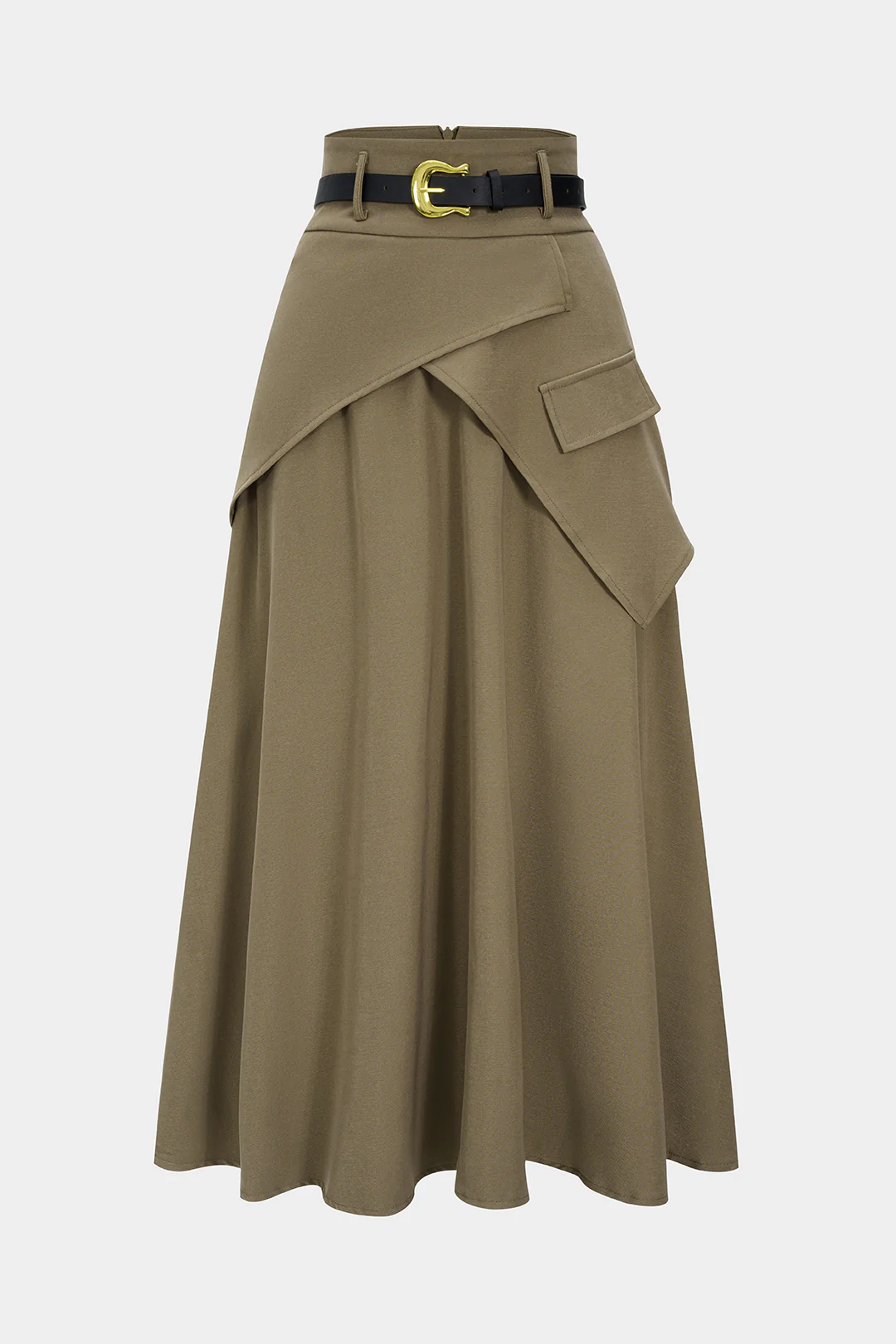 Belted Asymmetric Ruched High-Waist Skirt