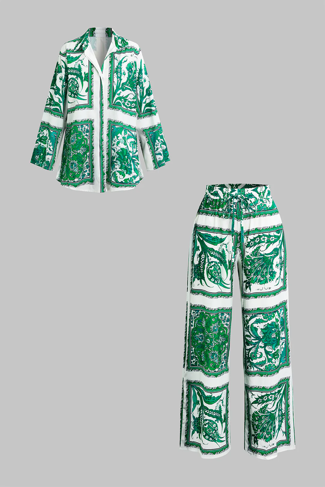 Tropical Branches Floral Print Satin Long-Sleeve Top And Shirred Waistband Trousers Set