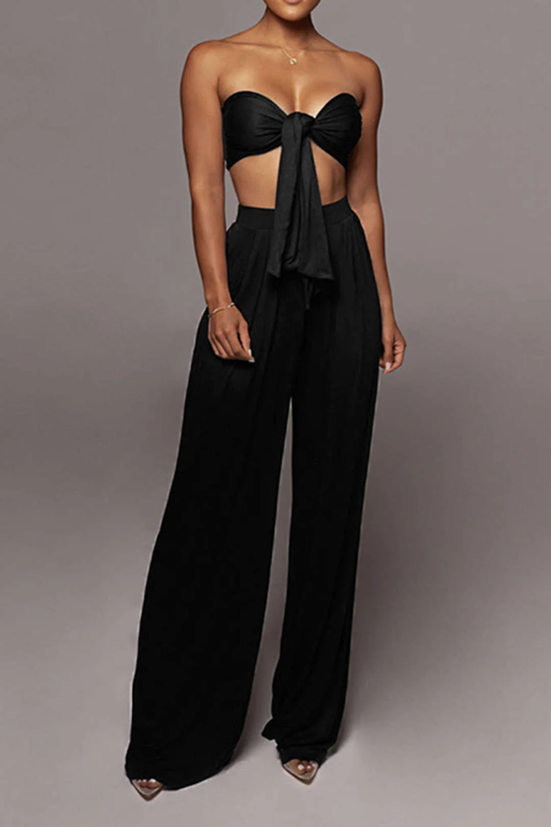 Tie Knot Front Ruched Tube Top and Pleated Wide-Leg Pants Set