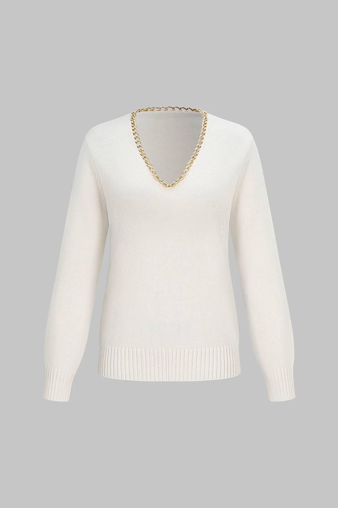Knit V-Neck Chain Long-Sleeve Top