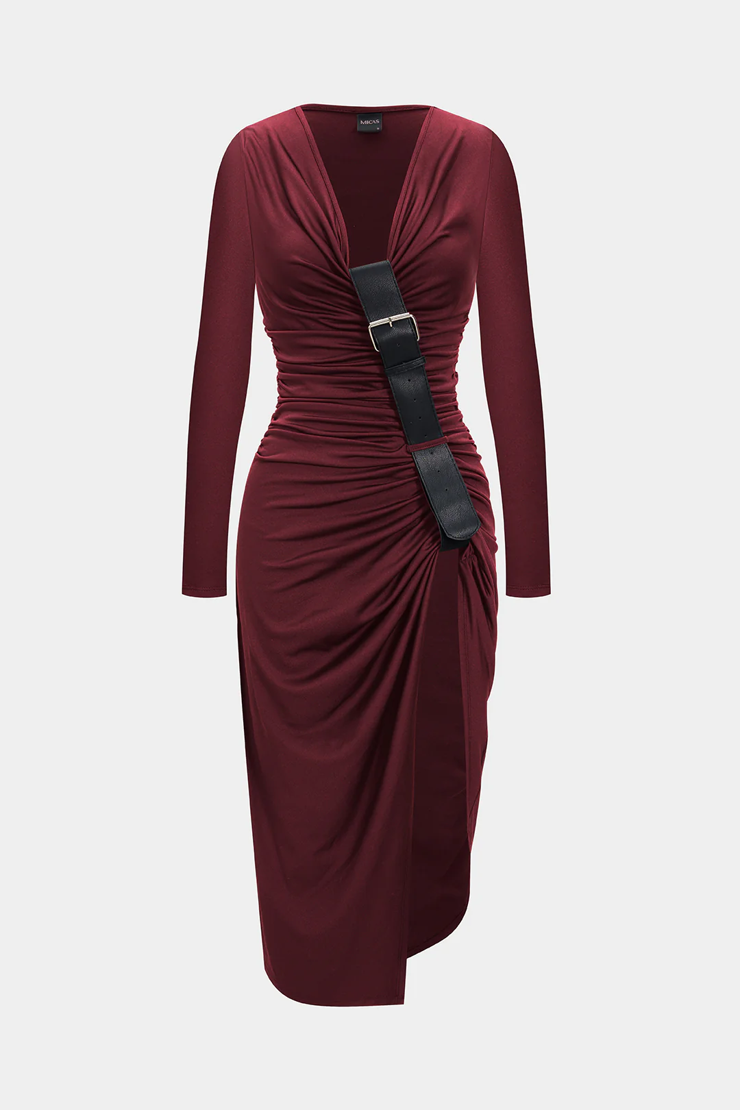 Ruched Asymmetrical Long Sleeve Midi Dress