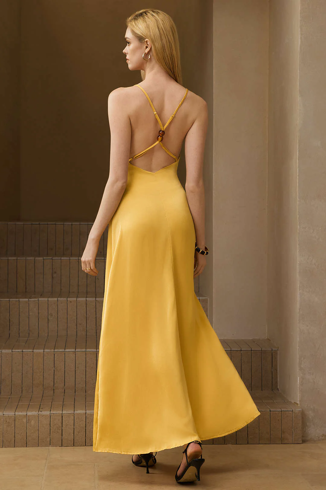 Satin Backless V-Neck Beaded Sleeveless Maxi Dress
