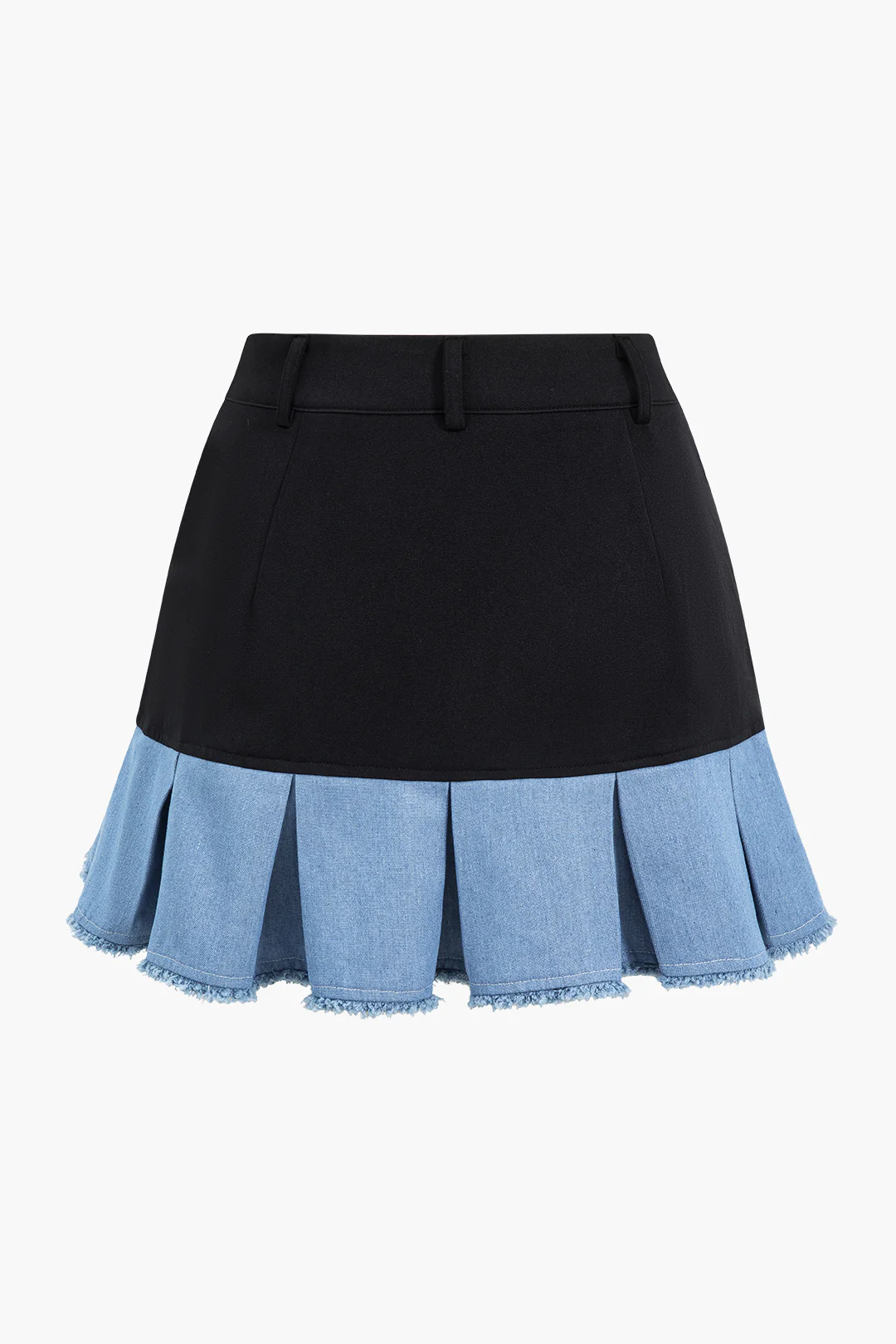 Patchwork Denim Notched Lapel Blazer and Skirt Ensemble