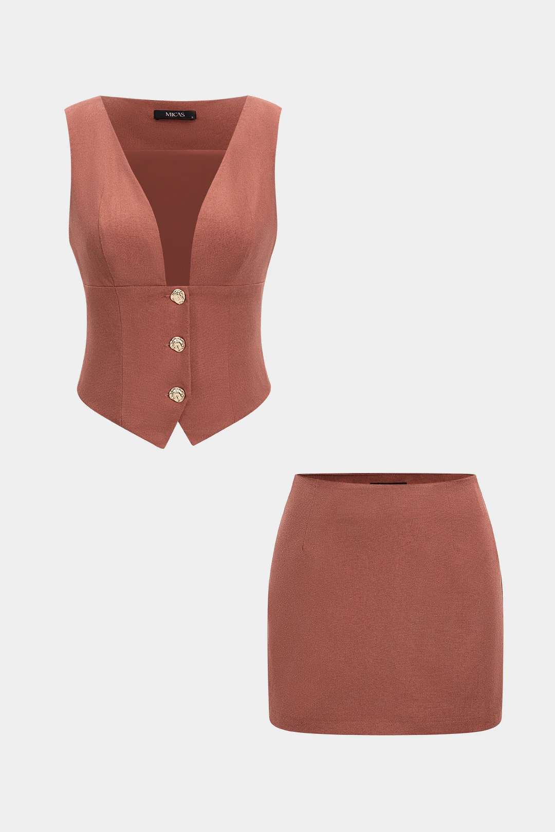 Linen V-Neck Button Vest And Low Waist Skirt Set
