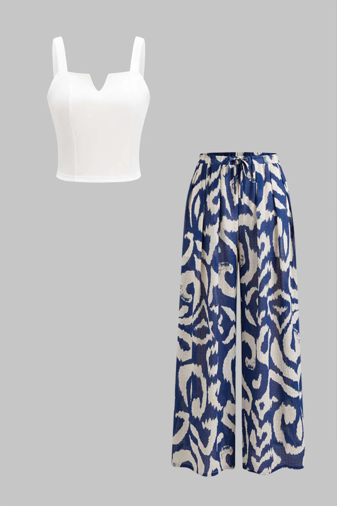 Sleeveless Tank Top and Tropical Pattern Contrast Wide Leg Trousers Set