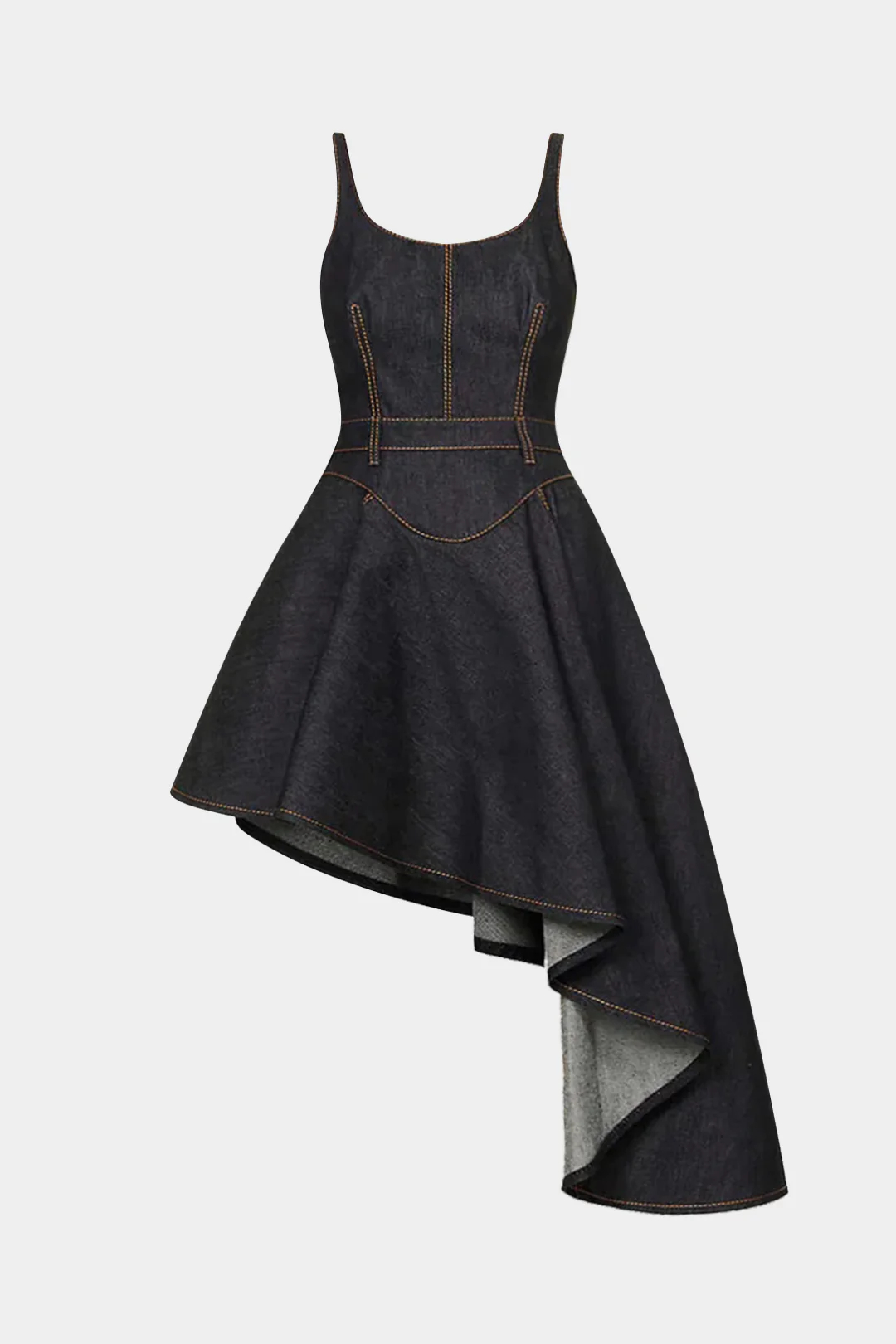 Denim Asymmetrical Ruffled Sleeveless Slip Dress