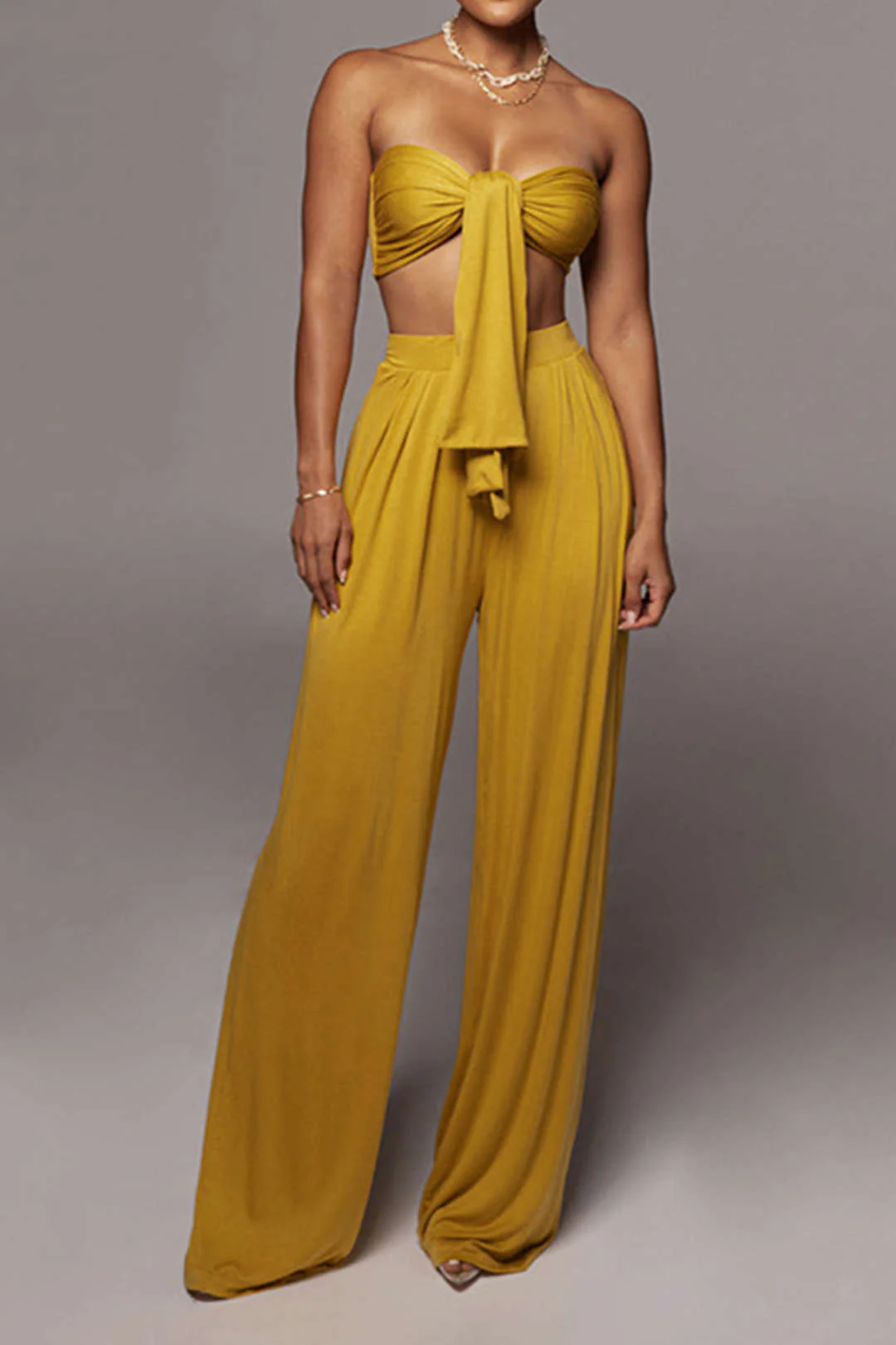 Tie Knot Front Ruched Tube Top and Pleated Wide-Leg Pants Set
