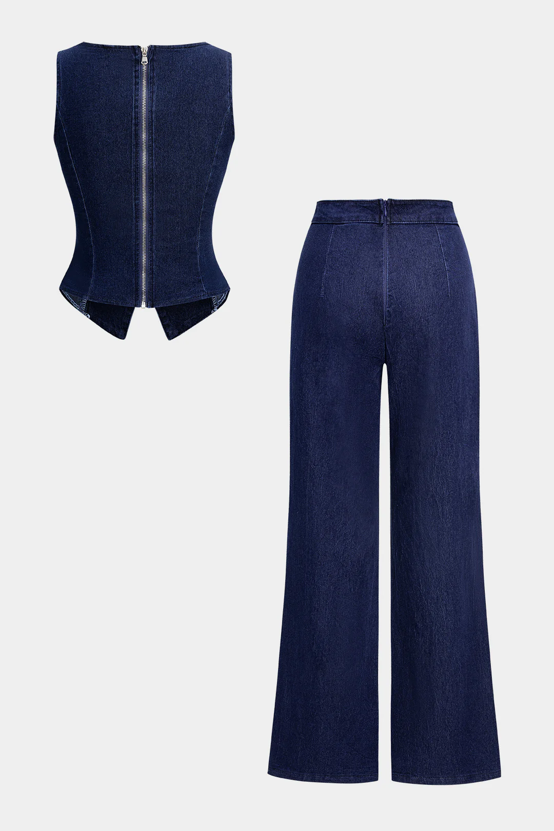 Denim Metallic Decor Tank Top And Zipper Jeans Suit