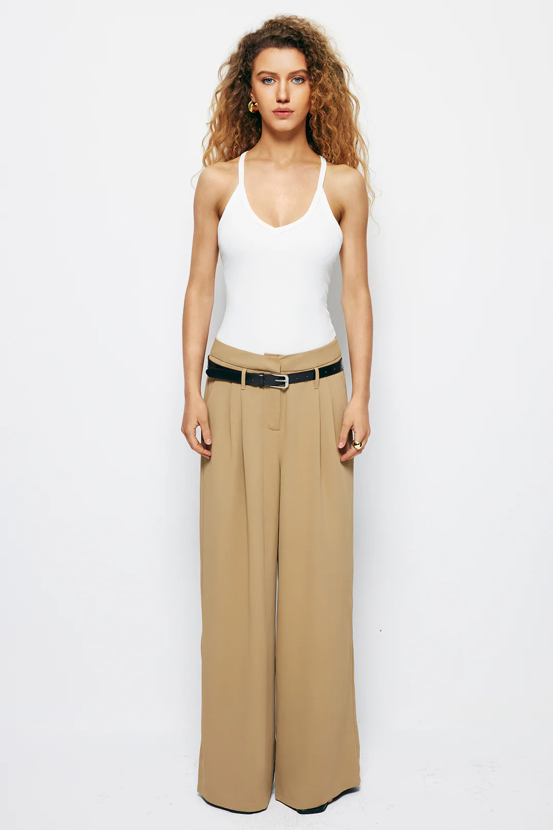 Ruched Wide-Leg Pants with Belt