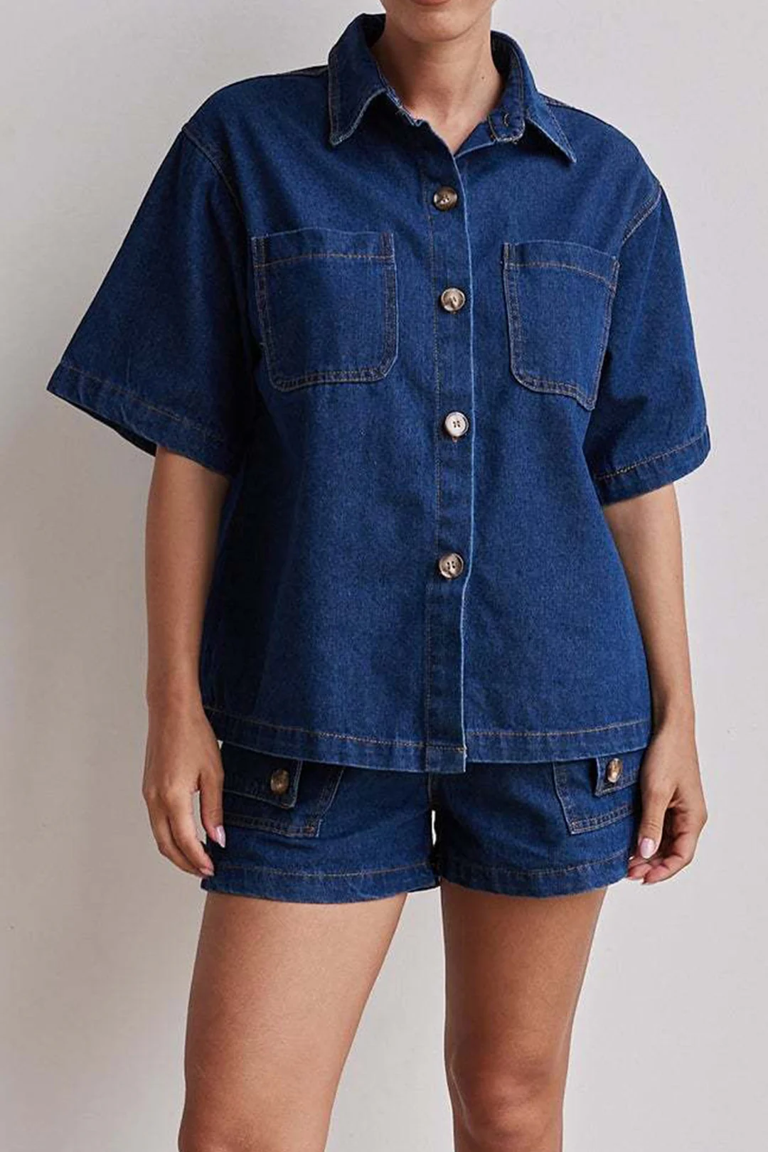 Denim Button Short-Sleeve Shirt And Pocket Shorts Set