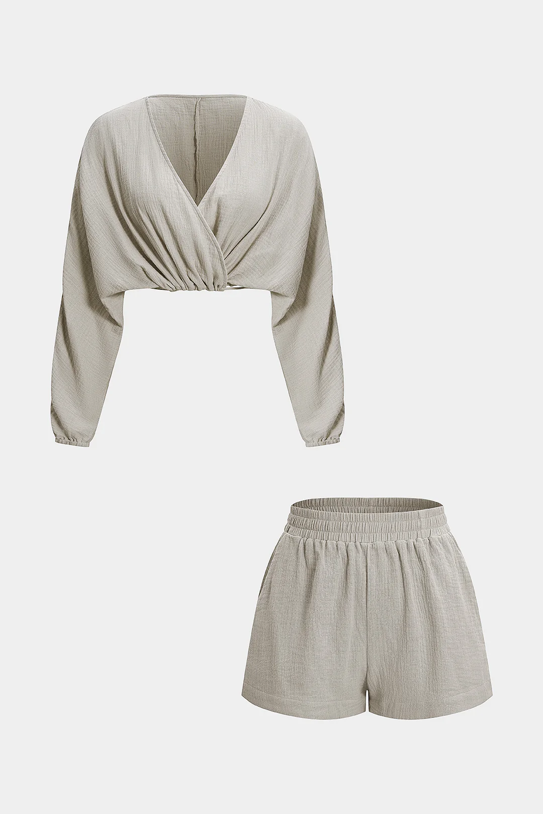 Linen Cross Strappy Long-Sleeve And High Waist Shorts Set