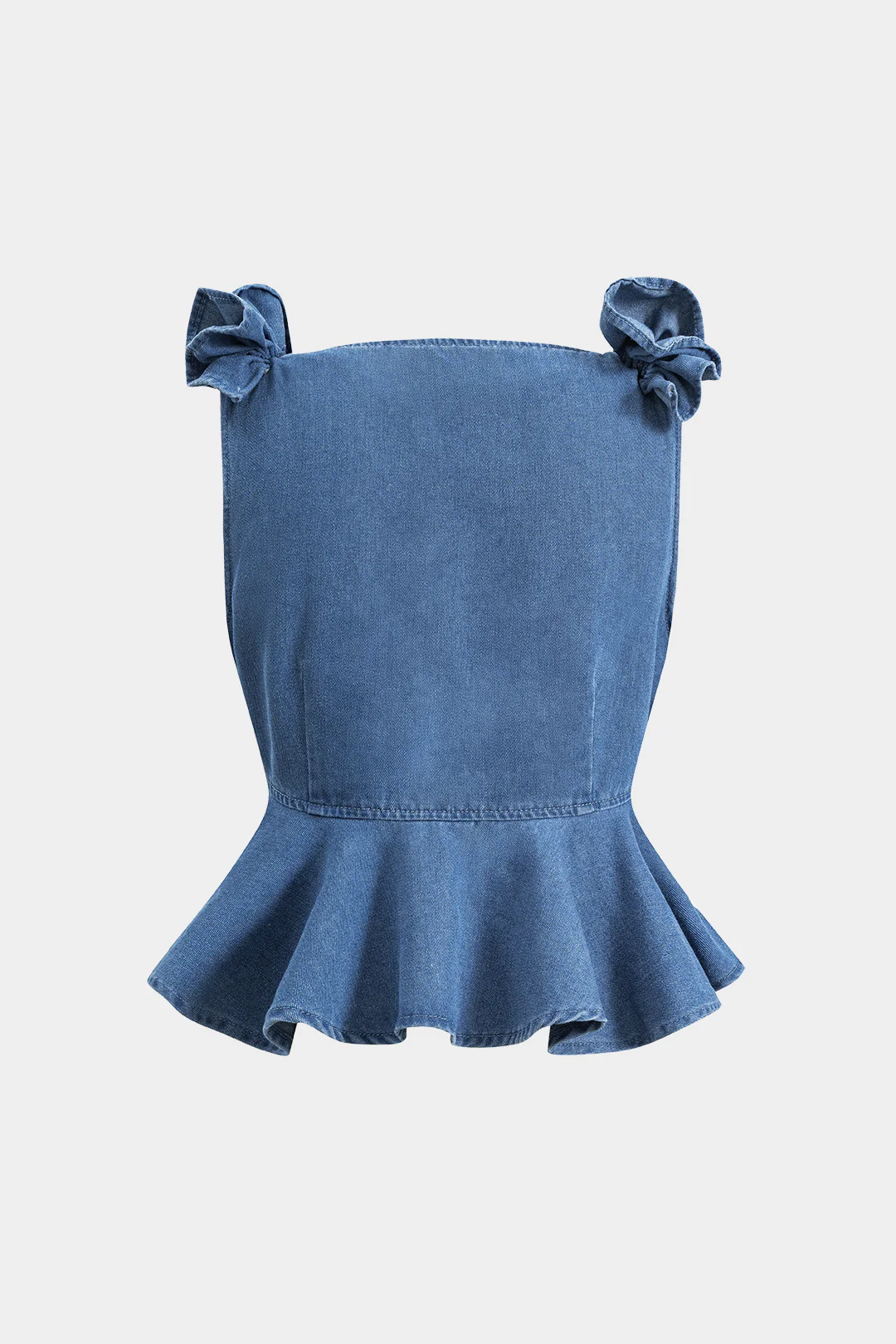 Denim Ruffled Ruched V-neck Crop Top