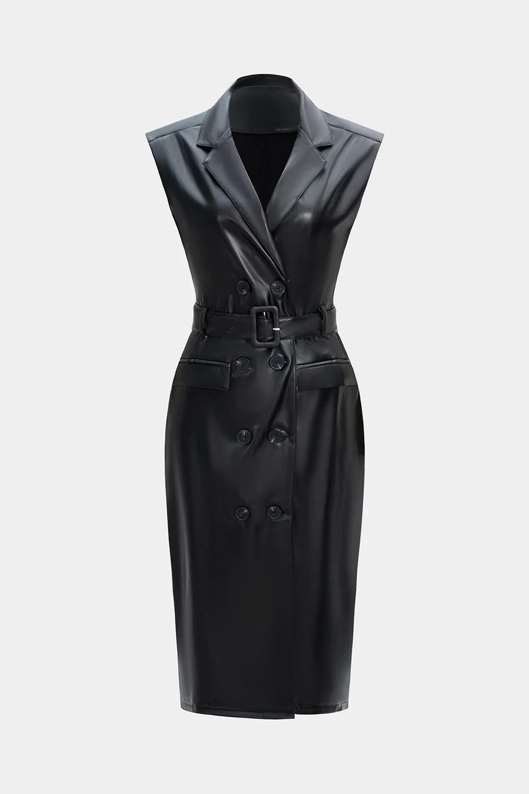 Faux Leather Button-Belted Sleeveless Mid-Length Dress