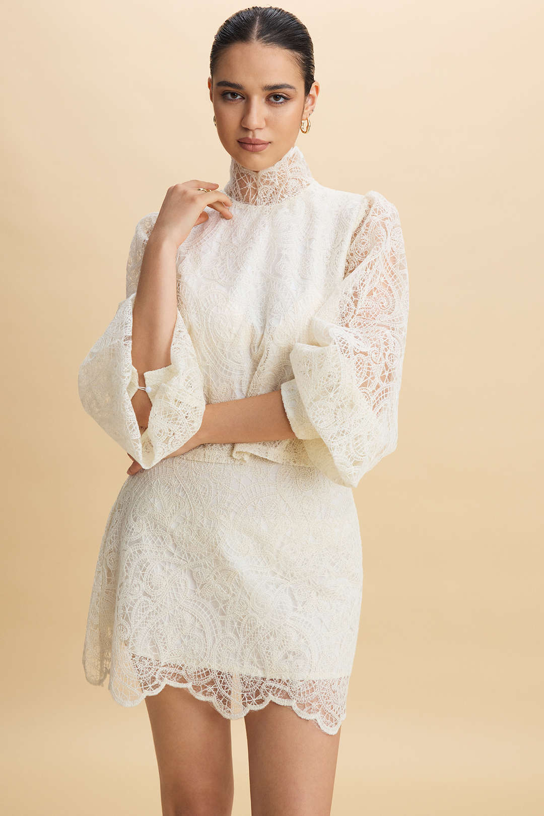 Lace Patchwork High Collar Lantern Puff Sleeve And Skirt Set