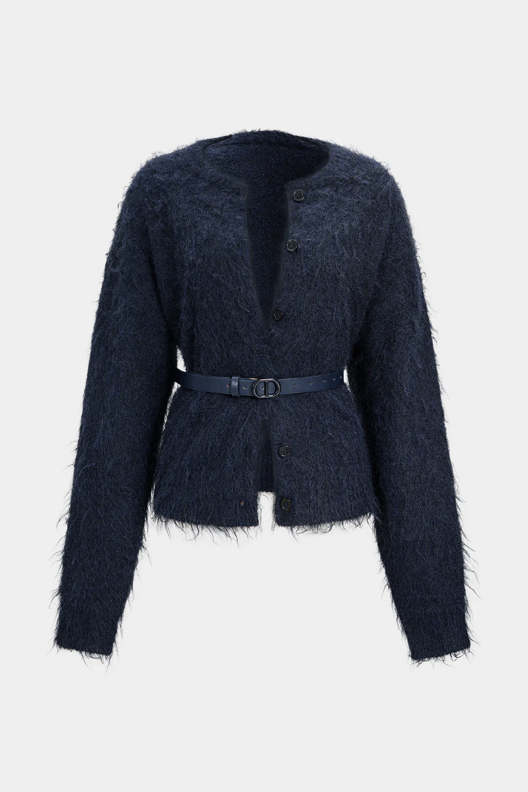 Knit Button Round Neck Belted Cardigan