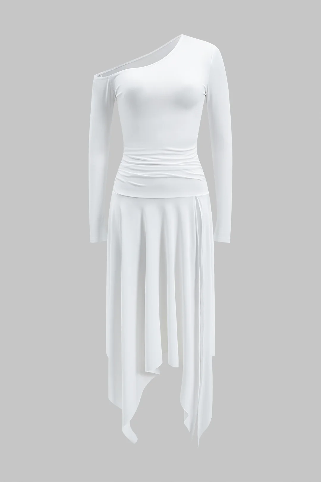 Ruched Single-Shoulder Long Sleeve Mid-Length Dress