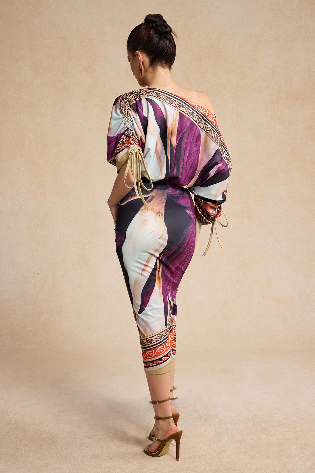 Abstract Floral Print Long Sleeve Top and Midi Skirt Combo