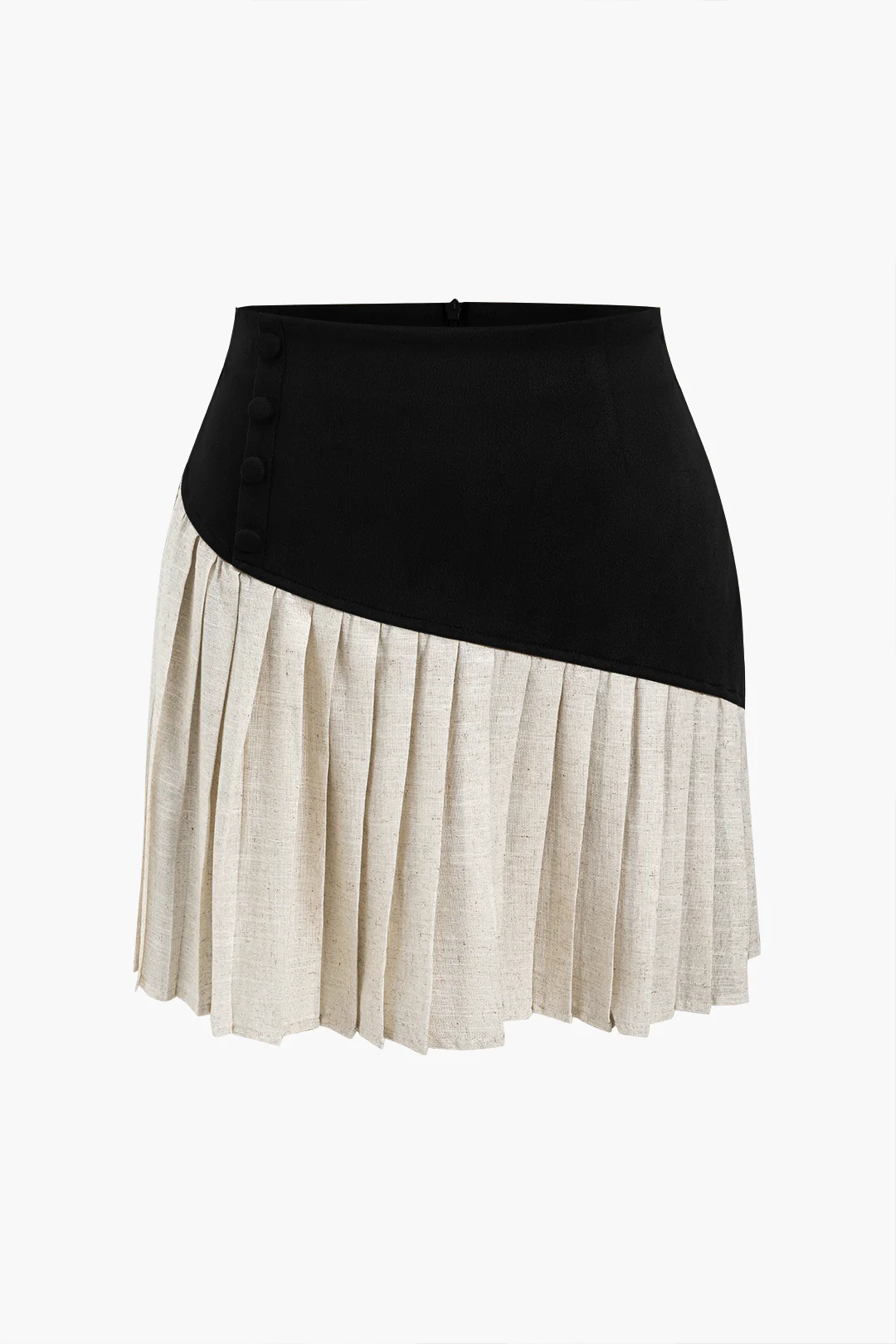 Linen Button Patchwork Pleated Skirt