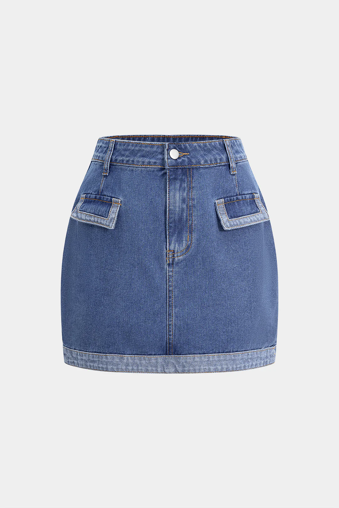 Denim Patchwork with Zipper and Contrast Whipstitching Fake Pocket Skirt