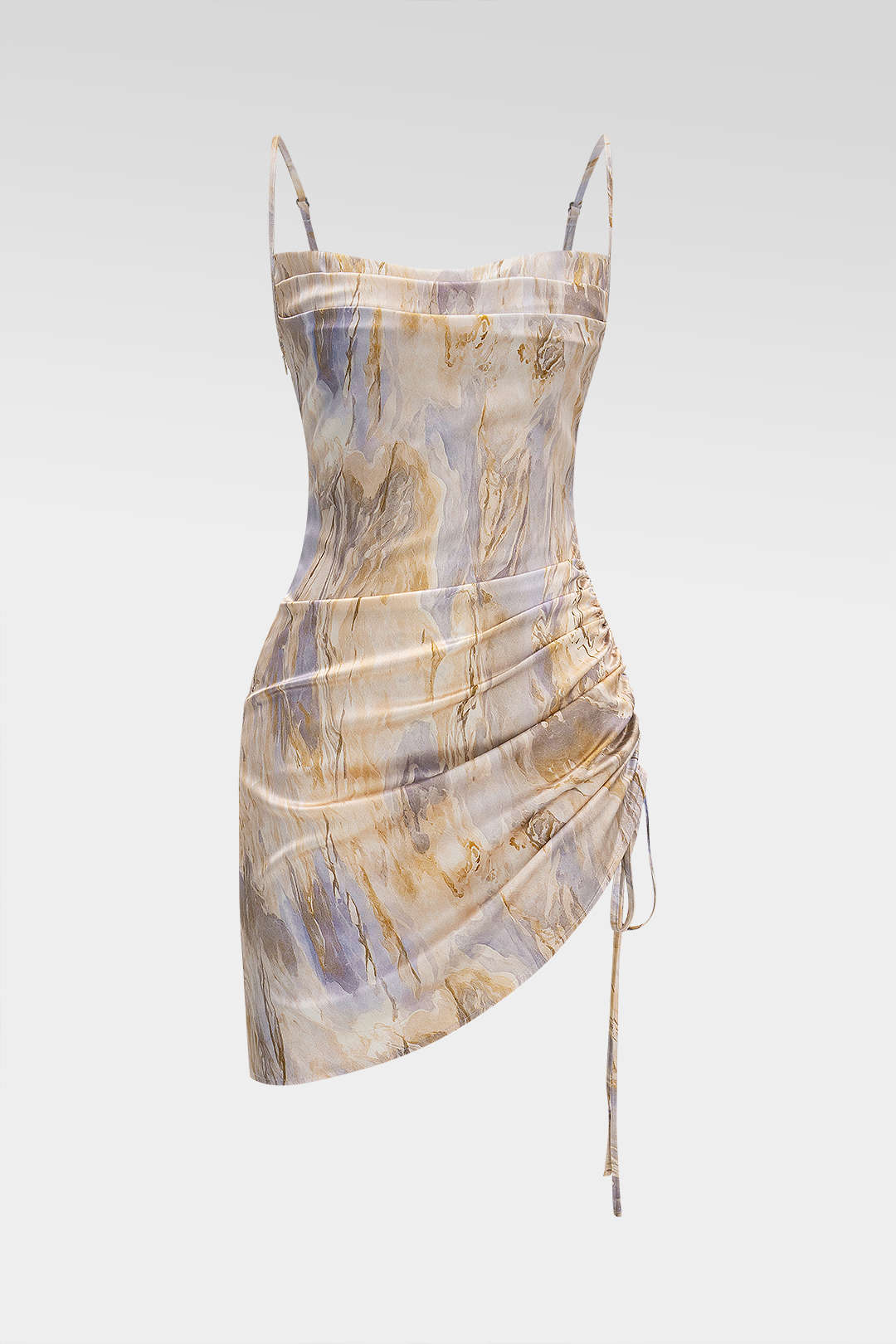 Marble Print Satin Ruched Drawstring Asymmetrical Sleeveless Mini Dress