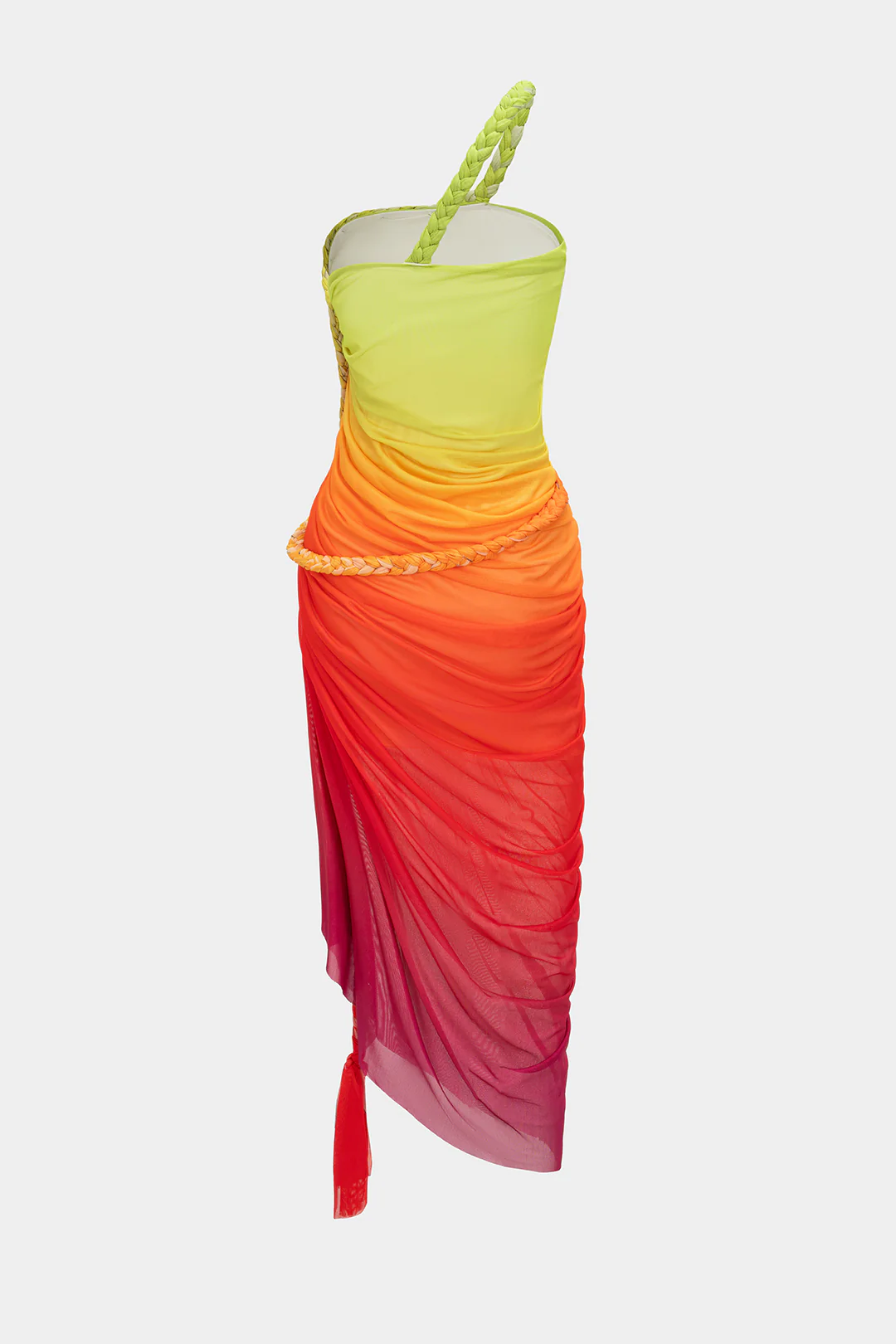 Ombre Print Mesh Braided Slit Sleeveless Midi Dress