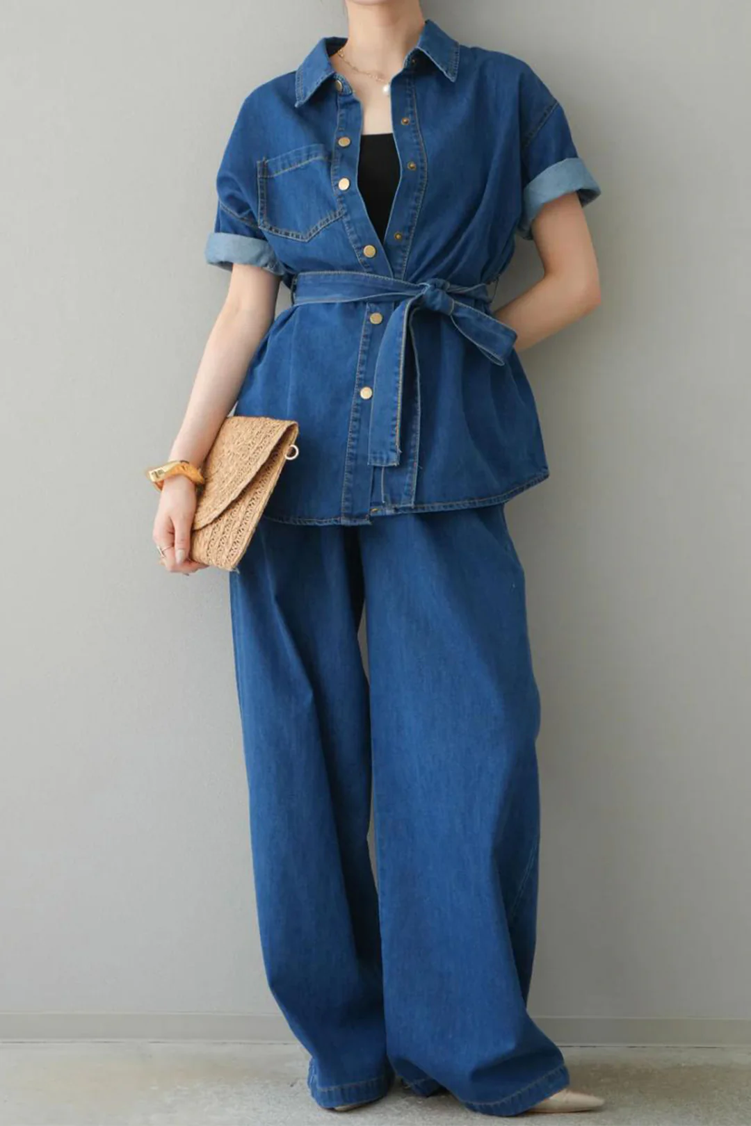 Denim Button Tie Shirt And Jeans Set