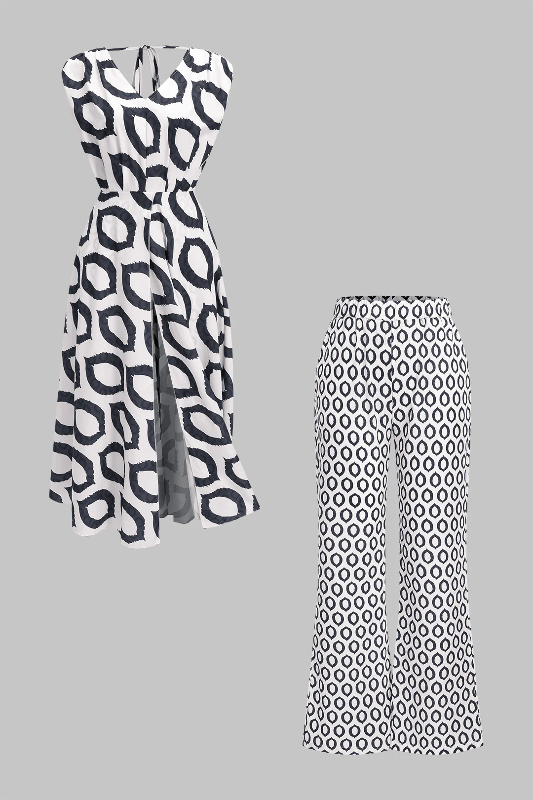 Geometric Print Tie-Up Dress Set