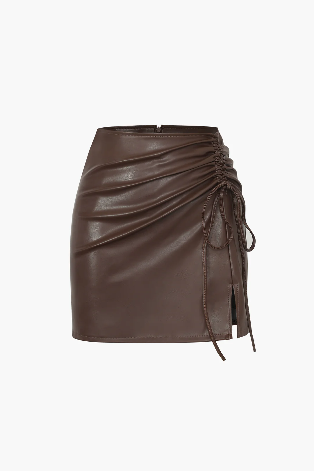 Drawstring Split Leather Mini Skirt