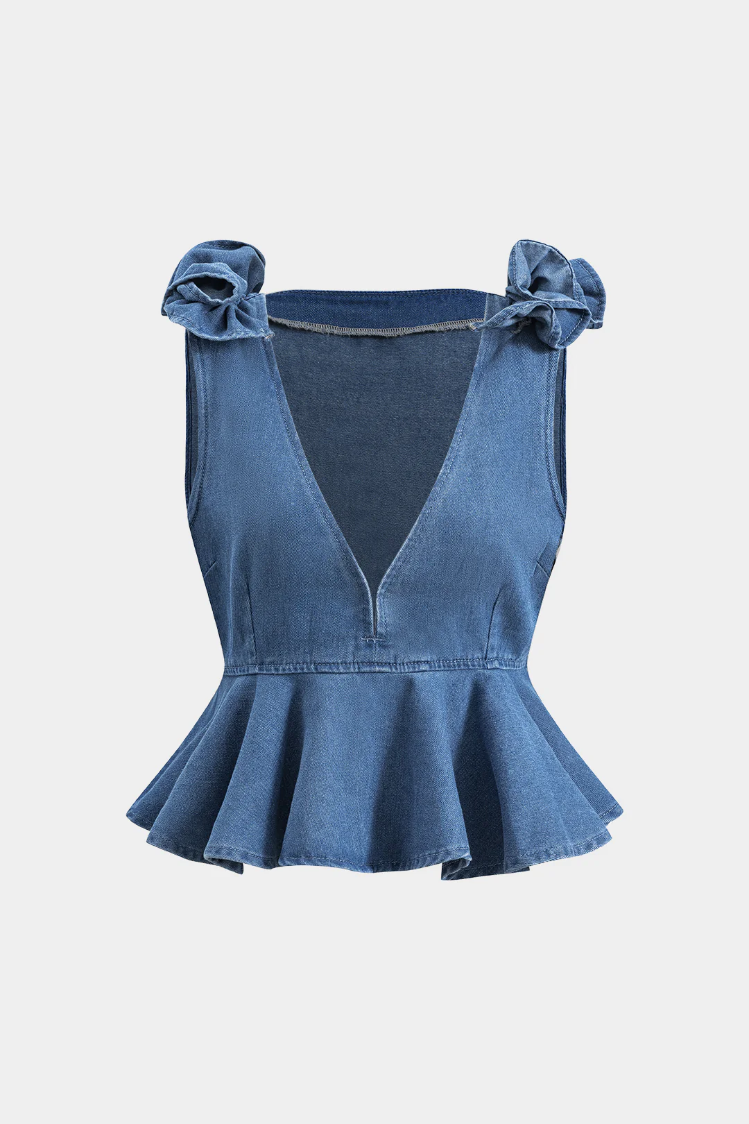 Denim Ruffled Ruched V-neck Crop Top