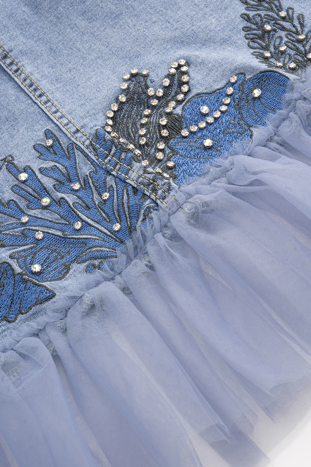 Denim Rhinestone Embroidery Mesh Patchwork Skirt