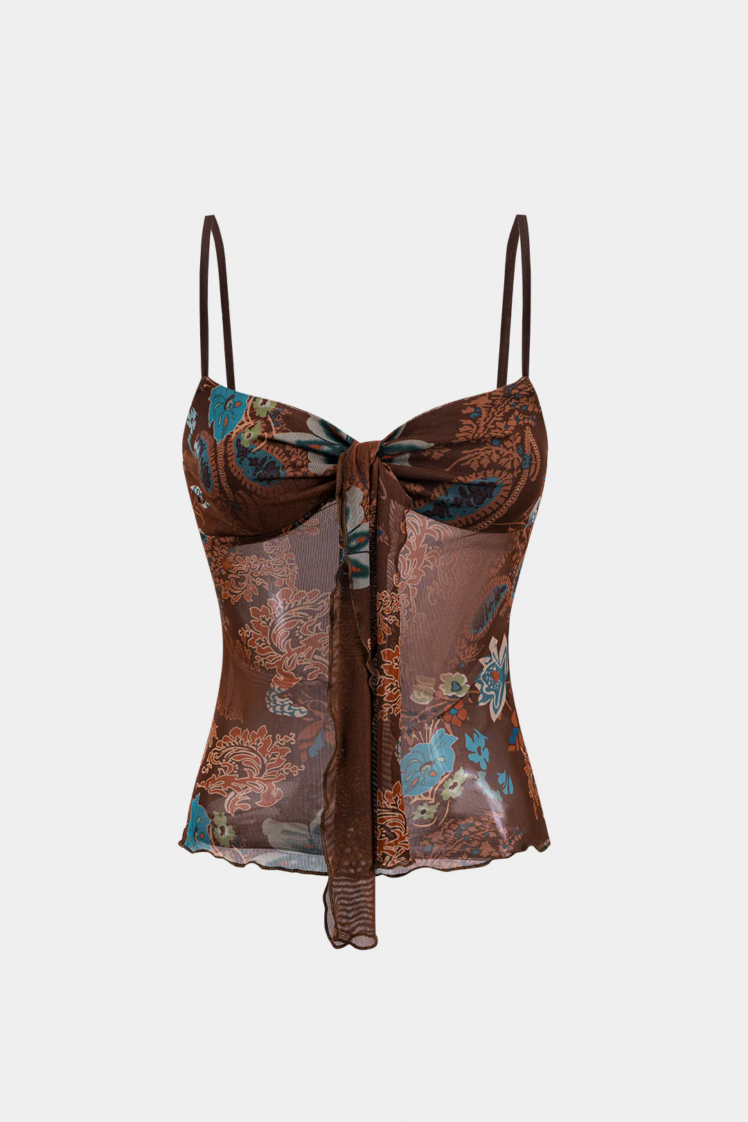 Contrasting Retro Pattern Mesh Tie-Knot Slip Cami Top