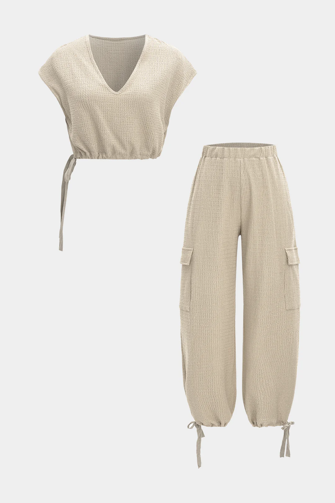 V Neck Drawstring Tank Top and Pocket Trousers Set
