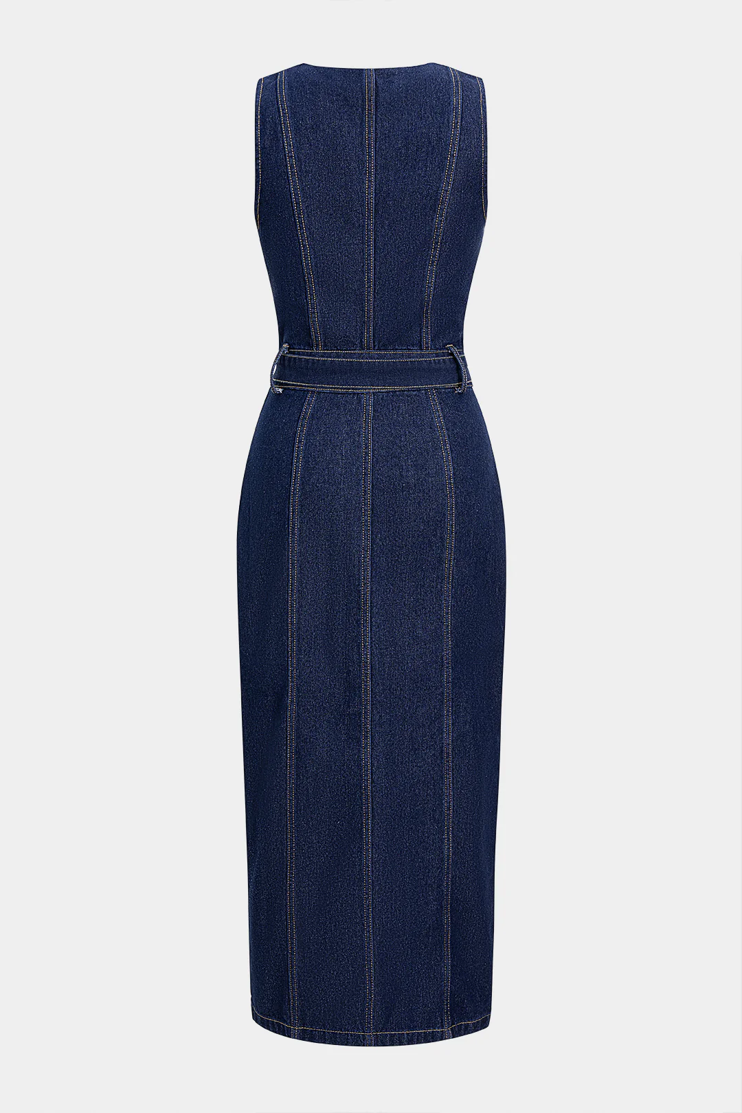 Button Belted Sleeveless Denim Dress